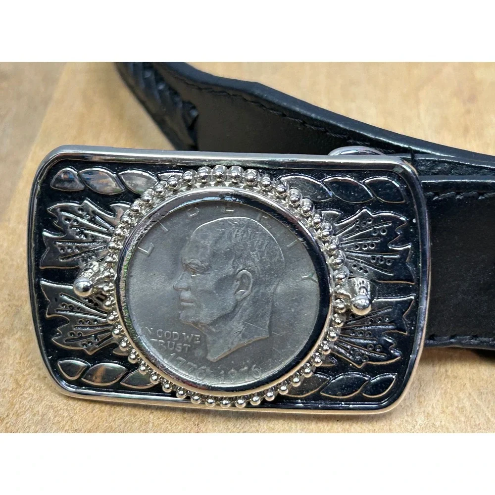 Palacios Belt Men 34 Black Western Tooled Eisenhower Dollar Buckle Leather